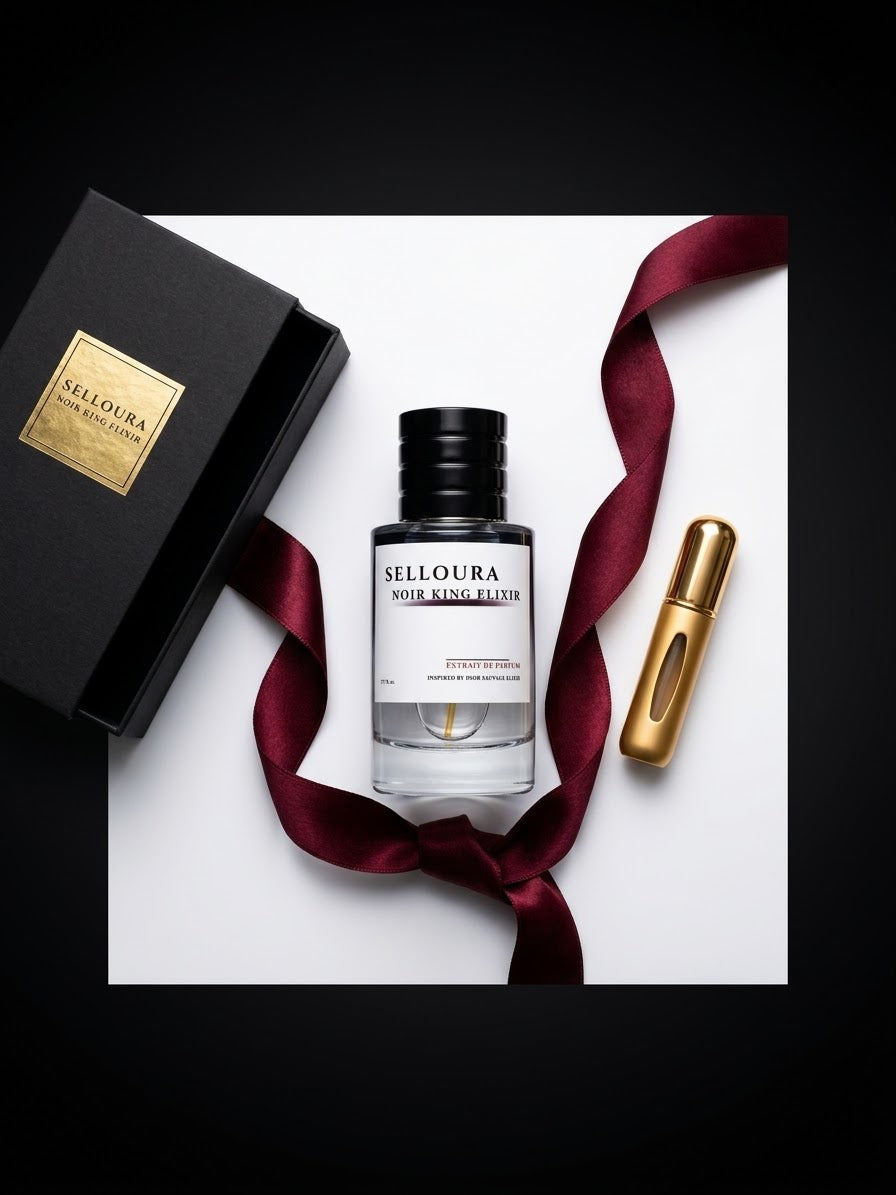 A perfume bottle labeled SELLOURA VIOUR ANG ELITE with a black cap, displayed on a white square card with a black box, a gold perfume sample vial, and a dark burgundy ribbon against a black background.