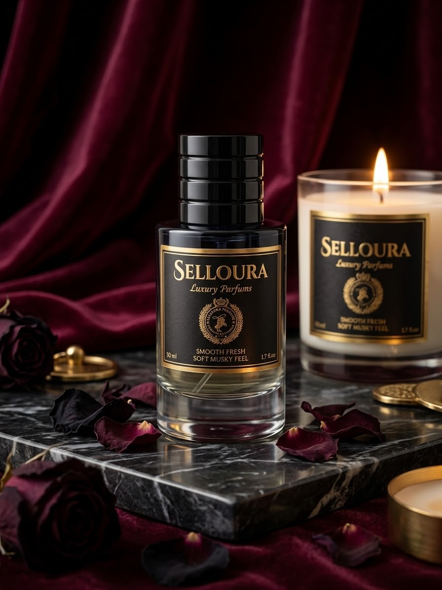 A bottle of Selloura Luxury Perfumes and a matching lit candle on a dark marble slab, surrounded by deep burgundy roses and velvet drapery.