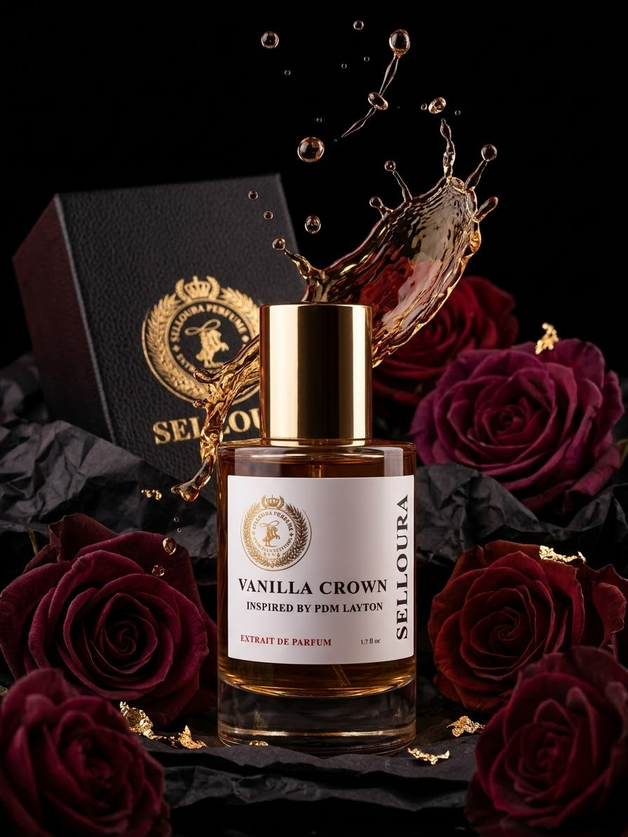 Vanilla crown perfume bottle with red rose black wood table