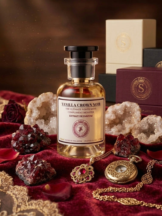 Vanilla Crown Noir perfume bottle on a luxurious surface with jewelry and crystals