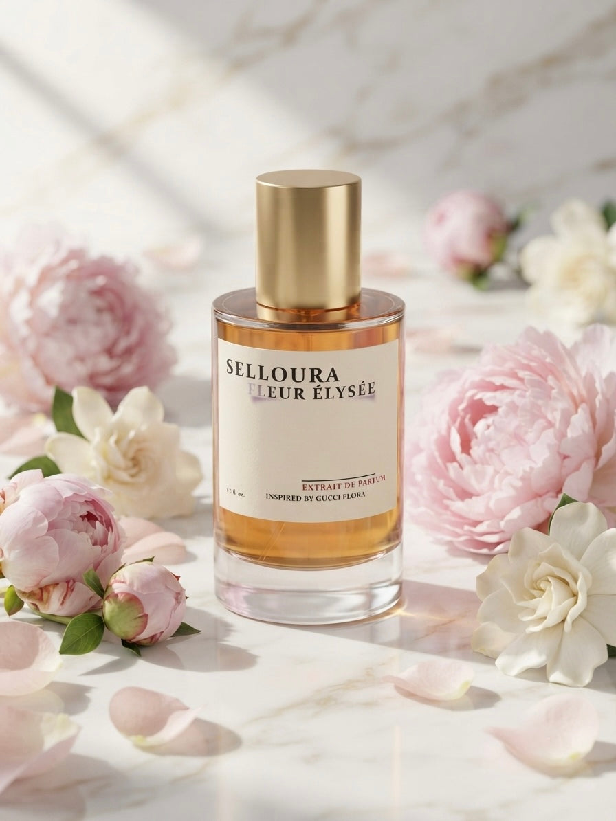 Selloura Le Fleur Élysée perfume bottle with a gold cap and cream label, surrounded by pink and white peony flowers on a white marble surface.