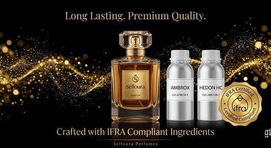 Long-lasting perfumes showcased in a premium quality bottle alongside IFRA certified ingredients.