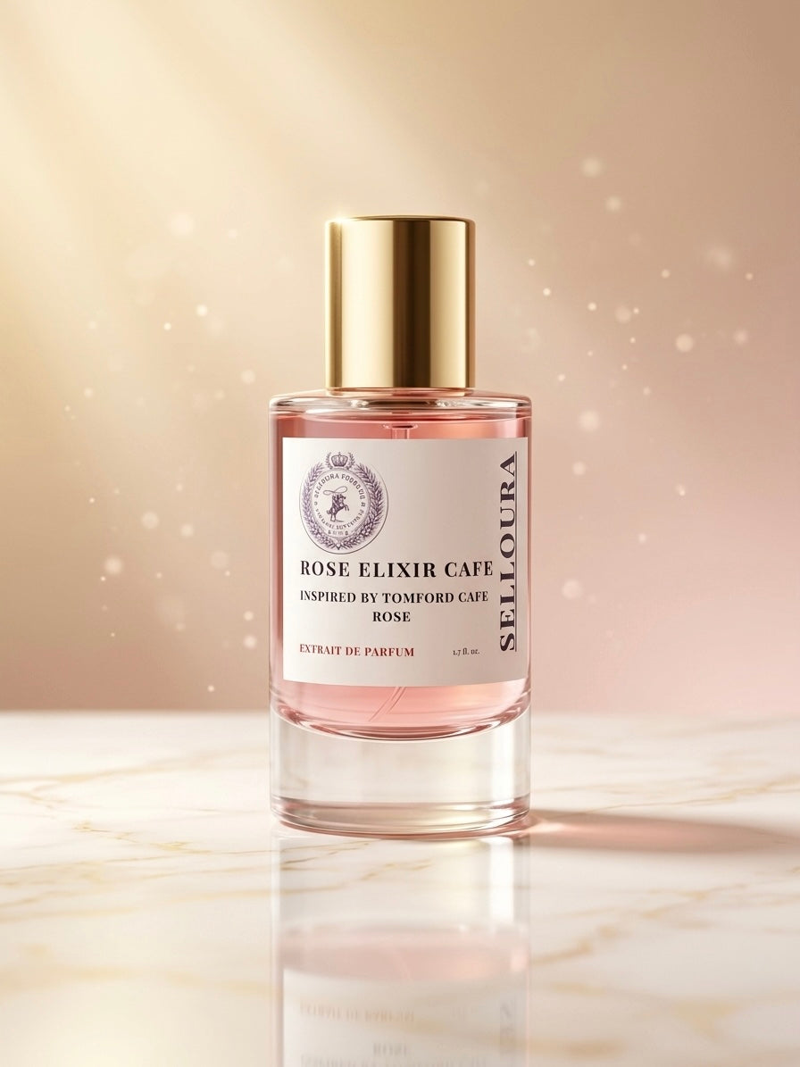 A bottle of Selloura Rose Elixir Cafe perfume with a gold cap and a white label, set on a light marble surface against a warm beige background with soft light bokeh.