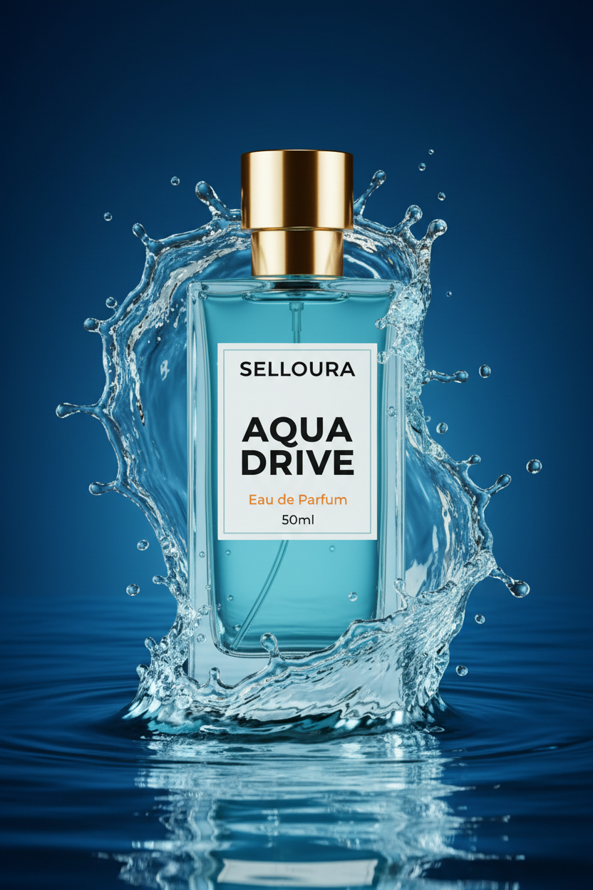 Selloura Aqua Drive perfume bottle with water splash on a blue background