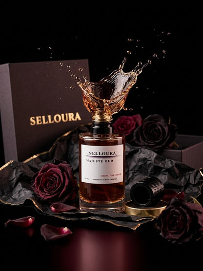 Selloura Majeste Oud Eau de Parfum bottle with a dramatic liquid splash, set against a dark background with a branded box, black rocks, and deep red roses.