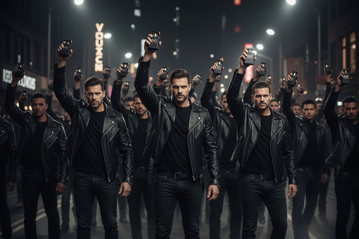 Group of men in dark clothing holding up phones on a city street at night.