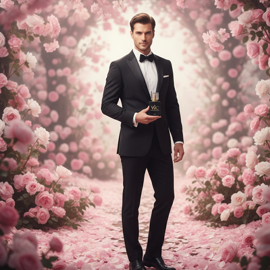 Man in a black tuxedo holding a bottle of perfume amidst pink roses