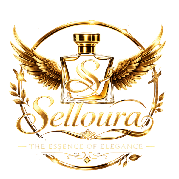 Gold Selloura perfume bottle with wings on a white background