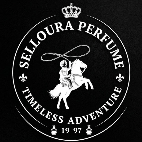Logo of Selloura Perfume with a horse and rider design on a black background
