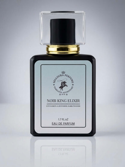 Noir King Elixir fragrance bottle with notes of cinnamon, nutmeg, and more, inspired by Sauvage Elixir.