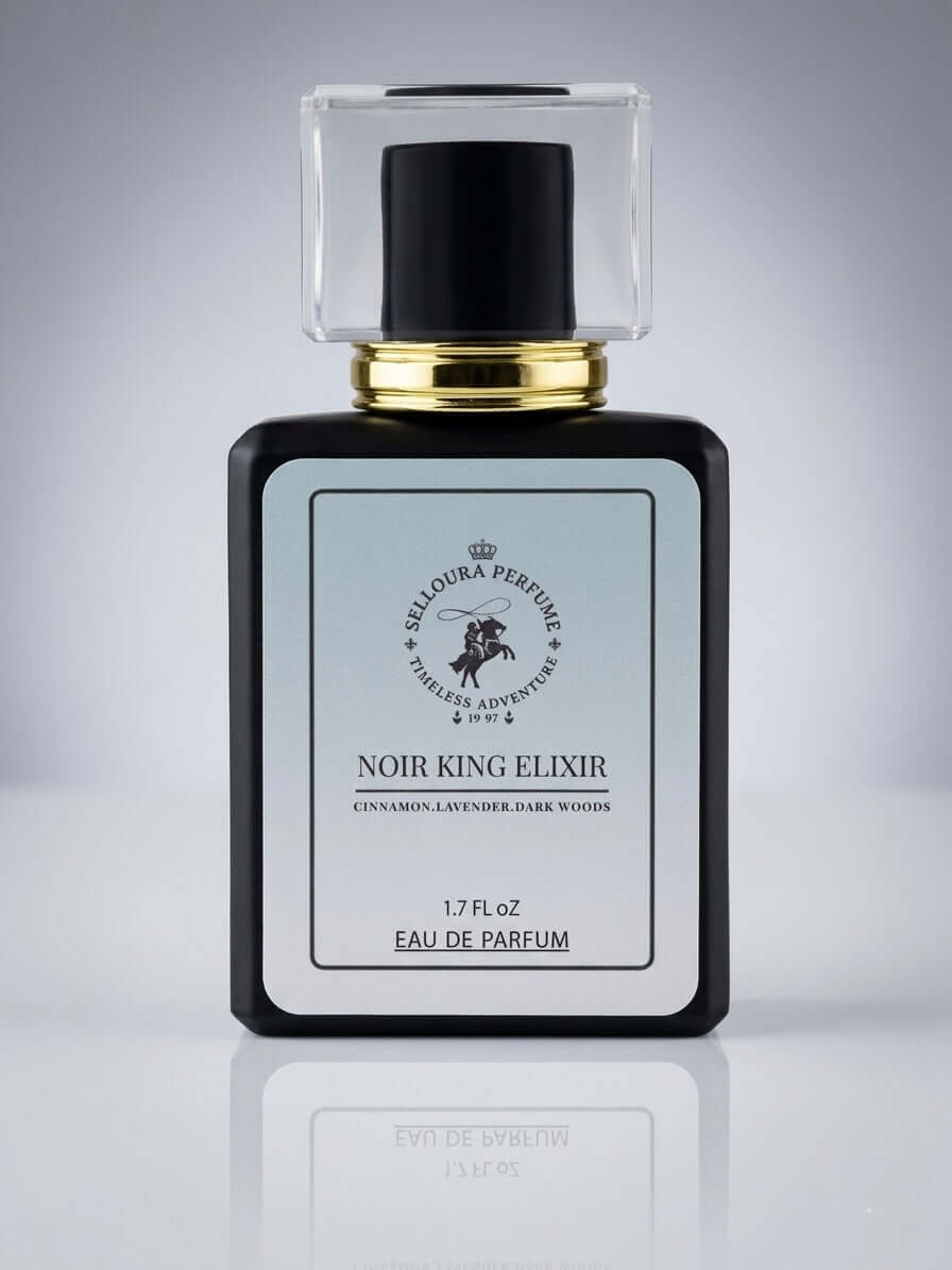 Noir King Elixir fragrance bottle with notes of cinnamon, nutmeg, and more, inspired by Sauvage Elixir.