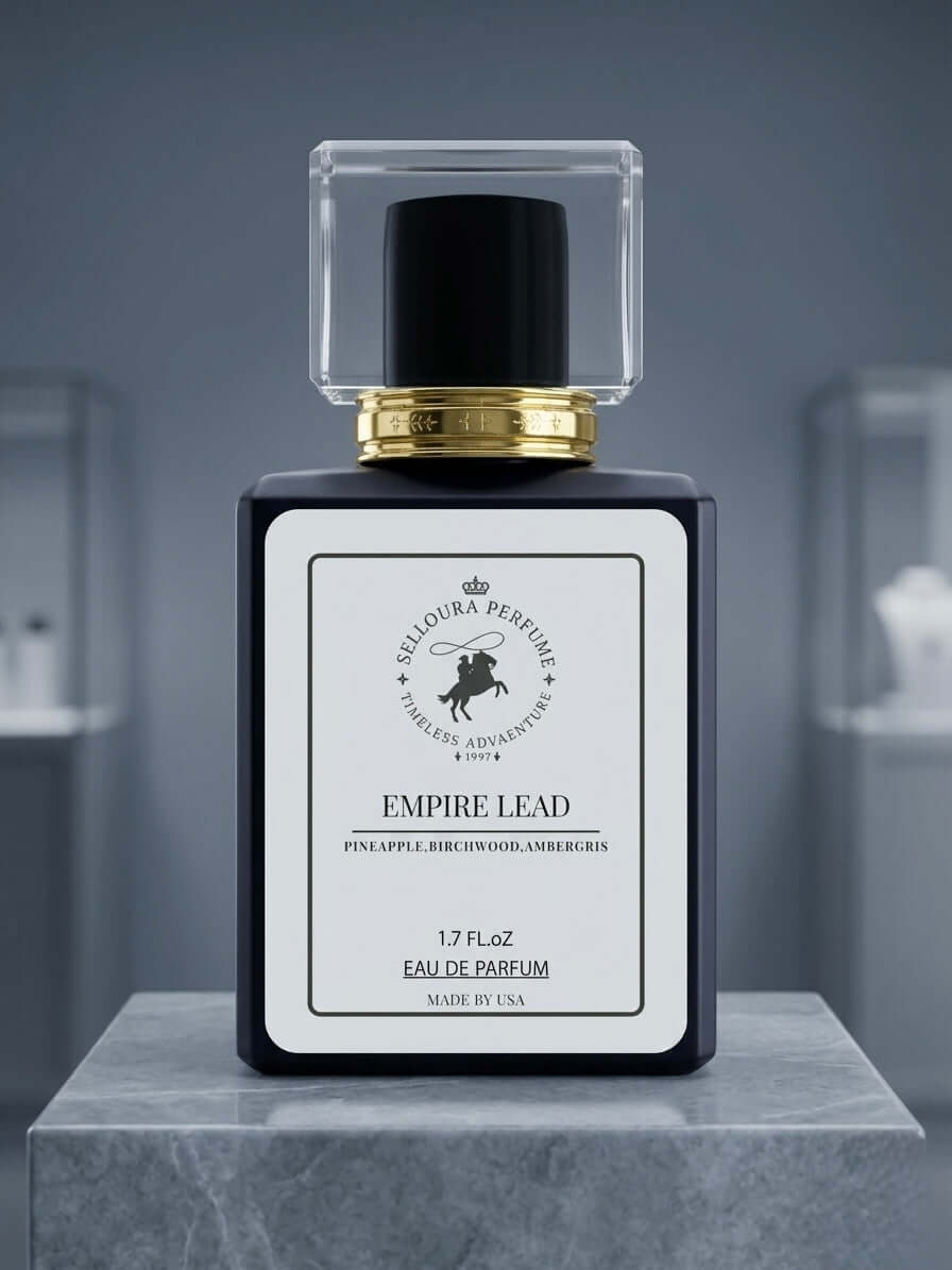 Perfume bottle labeled 'Empire Lead' on a gray background