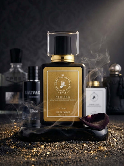 Night Oud inspired by Ombré Leather EDP - Bold fragrance in elegant black background with smoke effect.