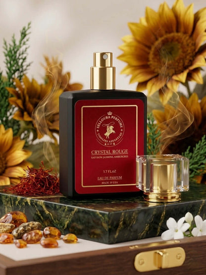 Crystal Rouge Inspired by 540 fragrance bottle with floral background and aromatic smoke.