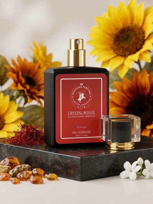 Crystal Rouge Inspired by 540 fragrance displayed against a backdrop of sunflowers and aromatic elements.