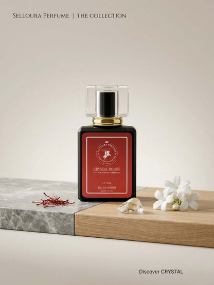 Crystal Rouge Inspired by 540 fragrance bottle on a wooden surface with flowers and saffron.