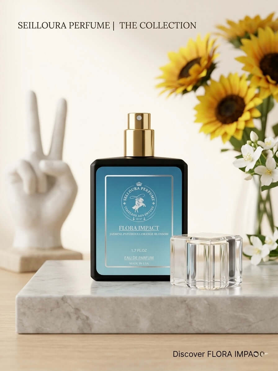 Seilloura perfume bottle with sunflowers and a hand gesture on a marble surface