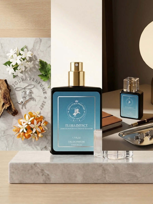 Perfume bottle with decorative elements on a marble surface