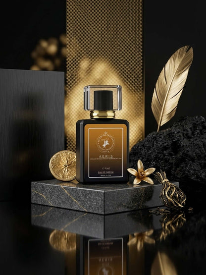 Aeris Eau de Parfum fragrance bottle showcasing elegance and allure with decorative elements on a dark surface.
