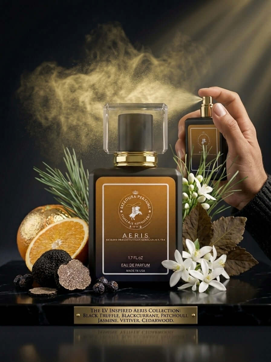 Aeris Eau de Parfum fragrance bottle with aromatic notes, showcasing the essence of love in a luxurious setting.