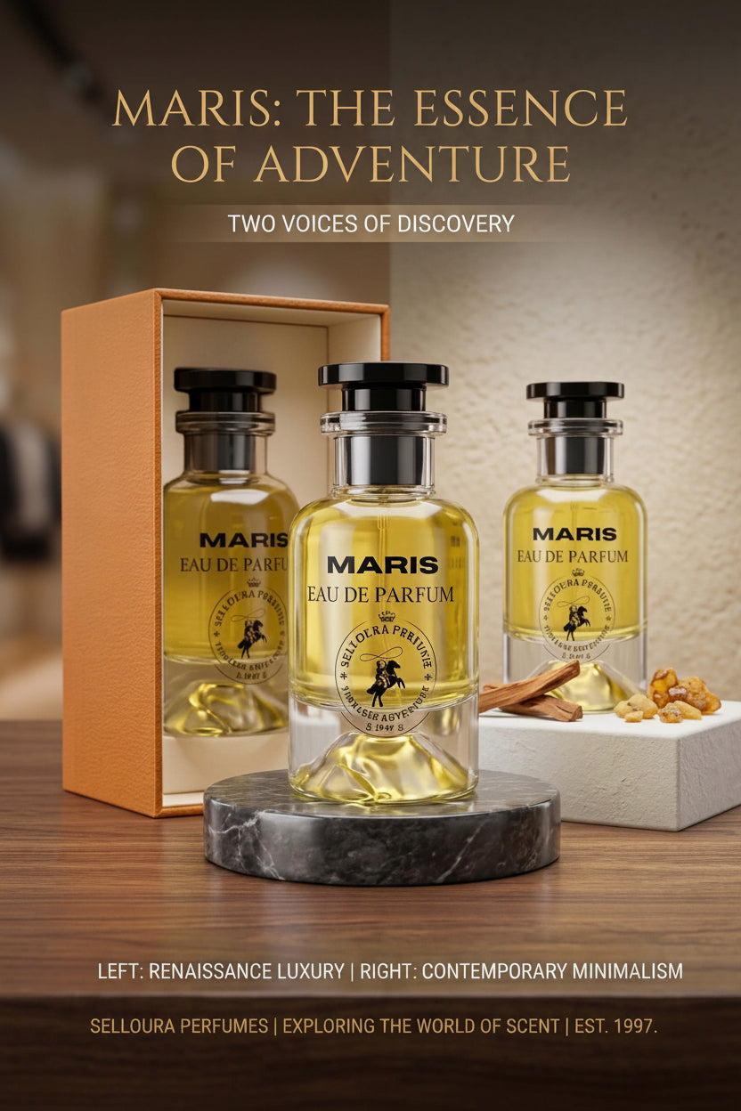 MARIS inspired by Immensite fragrance bottles showcasing renaissance luxury and contemporary minimalism.