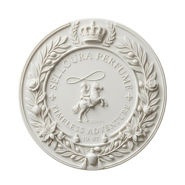Decorative plaque with 'Selloura Perfume' design on a beige background