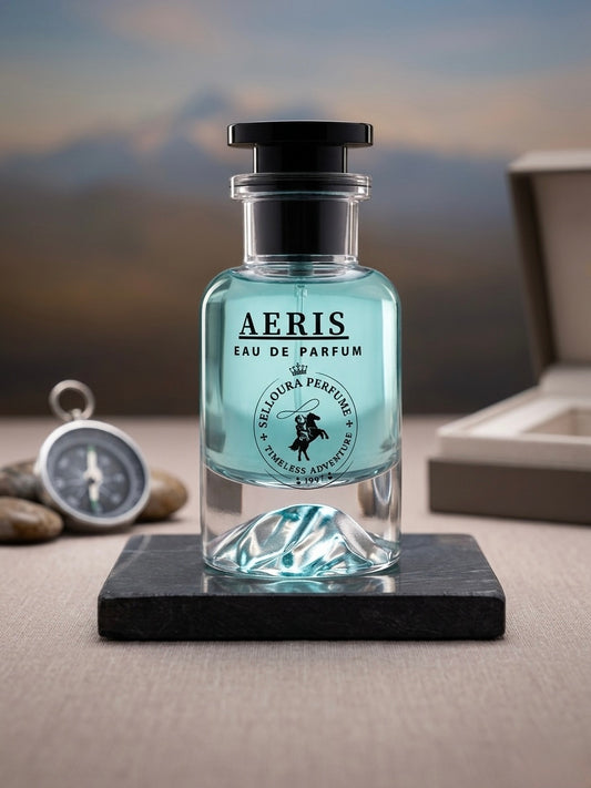 AERIS Eau de Parfum bottle on a stone surface with a blurred natural background