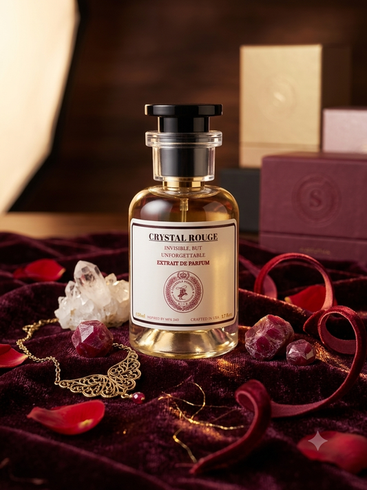 Perfume bottle labeled 'Crystal Rouge' on a decorative surface with jewelry and crystals.