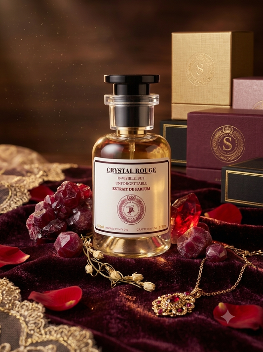 Perfume bottle labeled 'Crystal Rouge' with decorative boxes and jewelry on a dark background