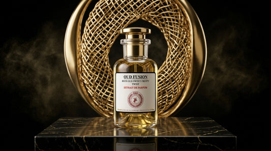 Perfume bottle labeled 'Oud Fusion' on a dark surface with a gold circular object in the background