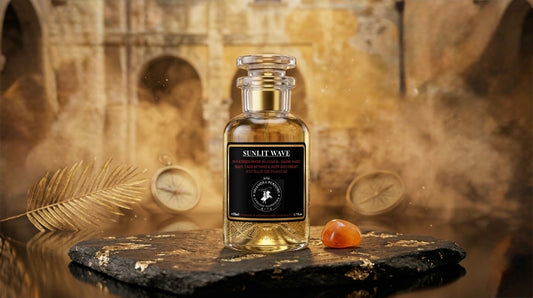 Perfume bottle labeled 'Sunlit Wave' on a stone surface with a warm, blurred background
