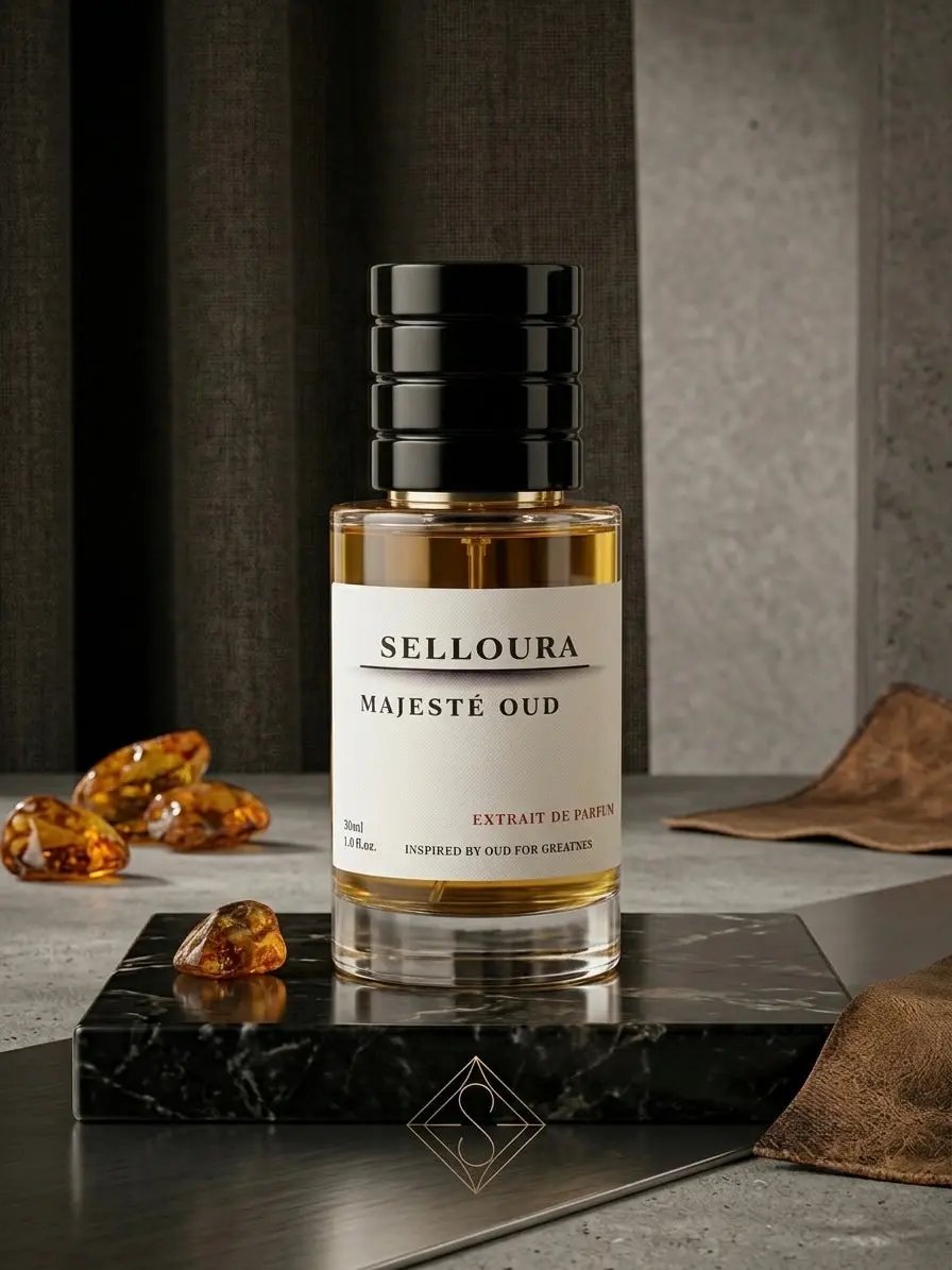 A bottle of SELLOURA Majesté Oud perfume with a black cap and white label, displayed on a black marble block with amber crystals and brown leather against a dark gray background.