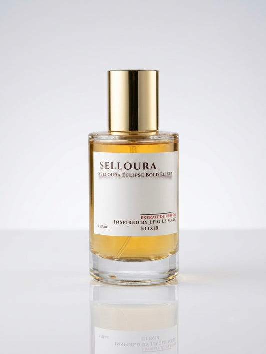 A bottle of SELLOURA Elixir perfume with a gold cap and a white label, set against a clean white background with a soft reflection below.