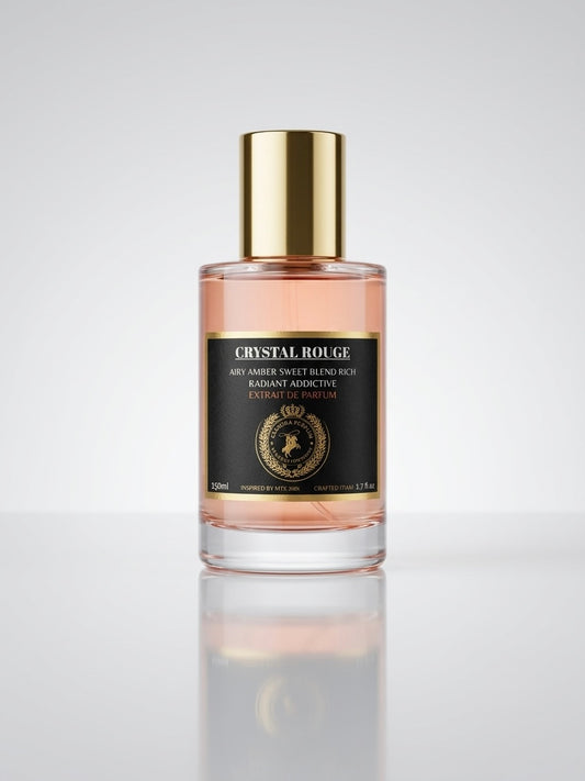 Crystal Rouge Radiant Aggressive Eau de Parfum bottle with a gold cap and black label, filled with pinkish liquid, on a reflective light gray background.