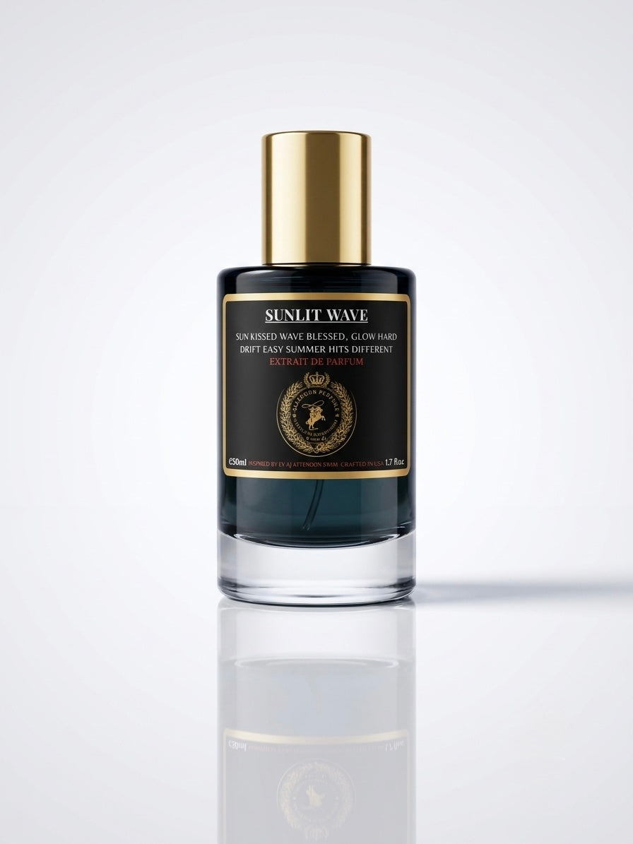 Sunlit Wave Sunbathing Wax Refiner Glow Hard Dry Easy Summer Hits Outdoors fragrance bottle, featuring a black label with gold lettering and a shiny gold cap, set against a clean white background with a soft reflection.