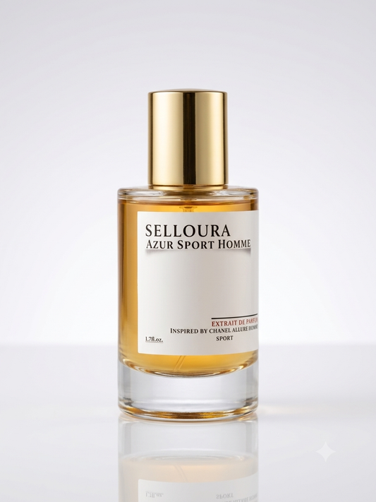 A bottle of Selloura Azur Sport Homme perfume with a gold cap and a white label, set against a clean white background with a soft reflection below.