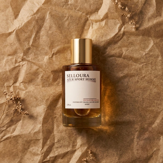 A bottle of SELLOURA Azur Sport Homme perfume with a gold cap and white label, placed on crumpled brown paper with dried floral accents.