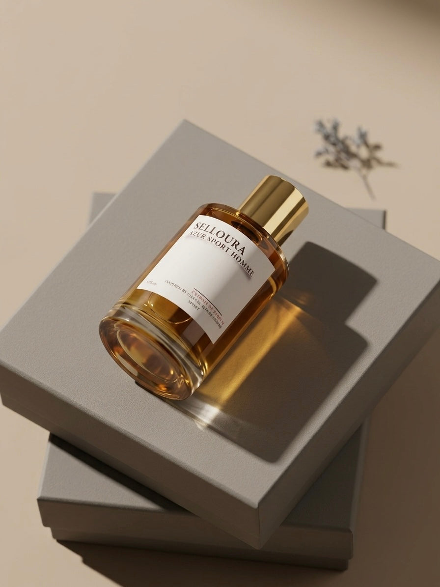 A bottle of Gelloura Olive Smoke Honey perfume with a gold cap and white label, resting on a gray box against a beige background.