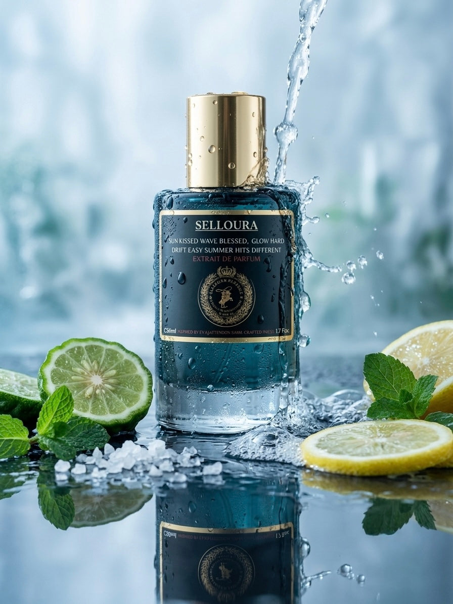 Selloura Advanced Hair Reviver Glow Hair Dry Easy Summer Hot Air Offending hair treatment bottle, styled with water splashing, limes, lemons, and mint on a reflective wet surface.