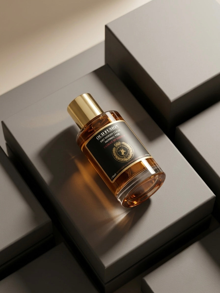 A bottle of Old Jeffrey & Co. Elderflower & Thyme Infused Water with a gold cap and black label, styled on a geometric arrangement of dark gray blocks.