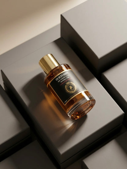 A bottle of Old Jeffrey & Co. Elderflower & Thyme Infused Water with a gold cap and black label, styled on a geometric arrangement of dark gray blocks.