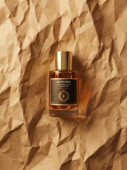 A bottle of Old Fusion Eau de Parfum with a gold cap and black label, centered on a textured brown crumpled paper background.
