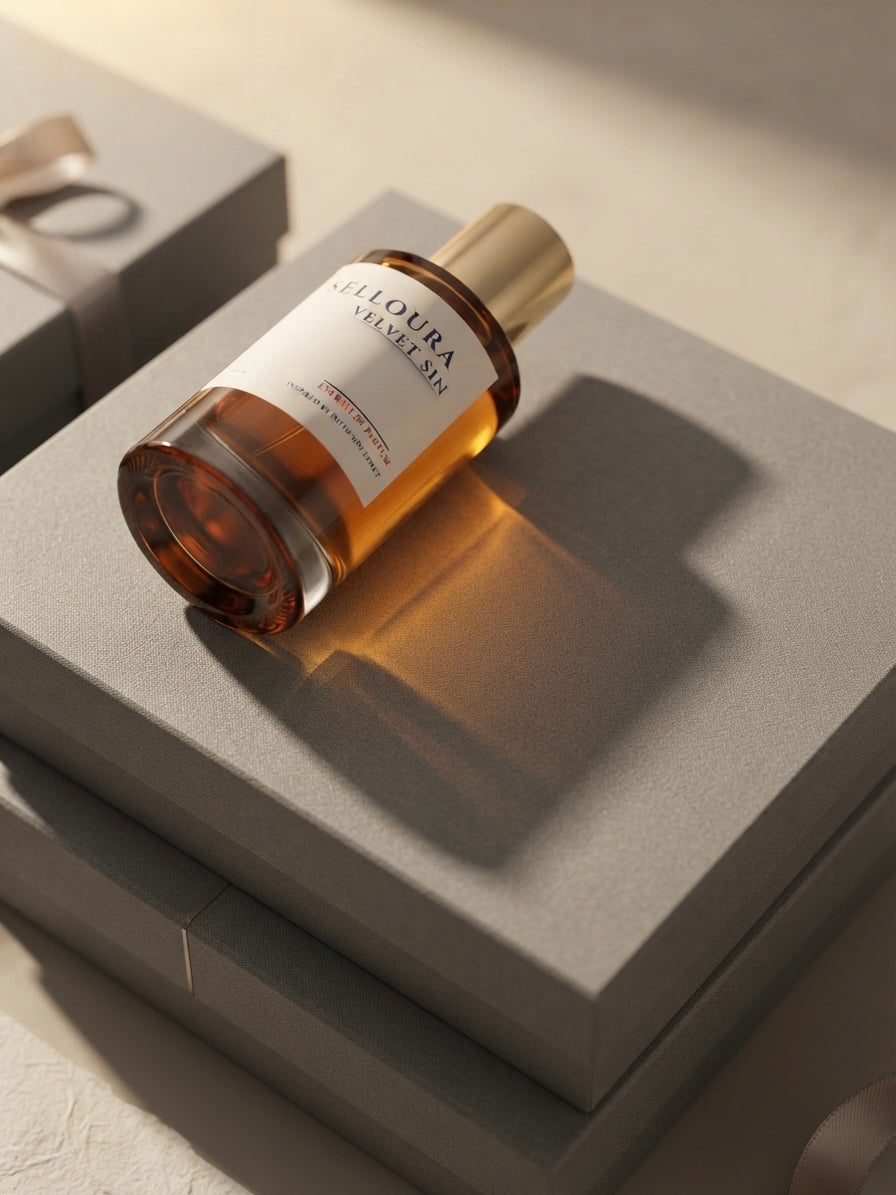 A bottle of Jelloura Vachara body wash resting diagonally on a textured gray gift box, with a warm golden light casting a long shadow on a light beige surface.