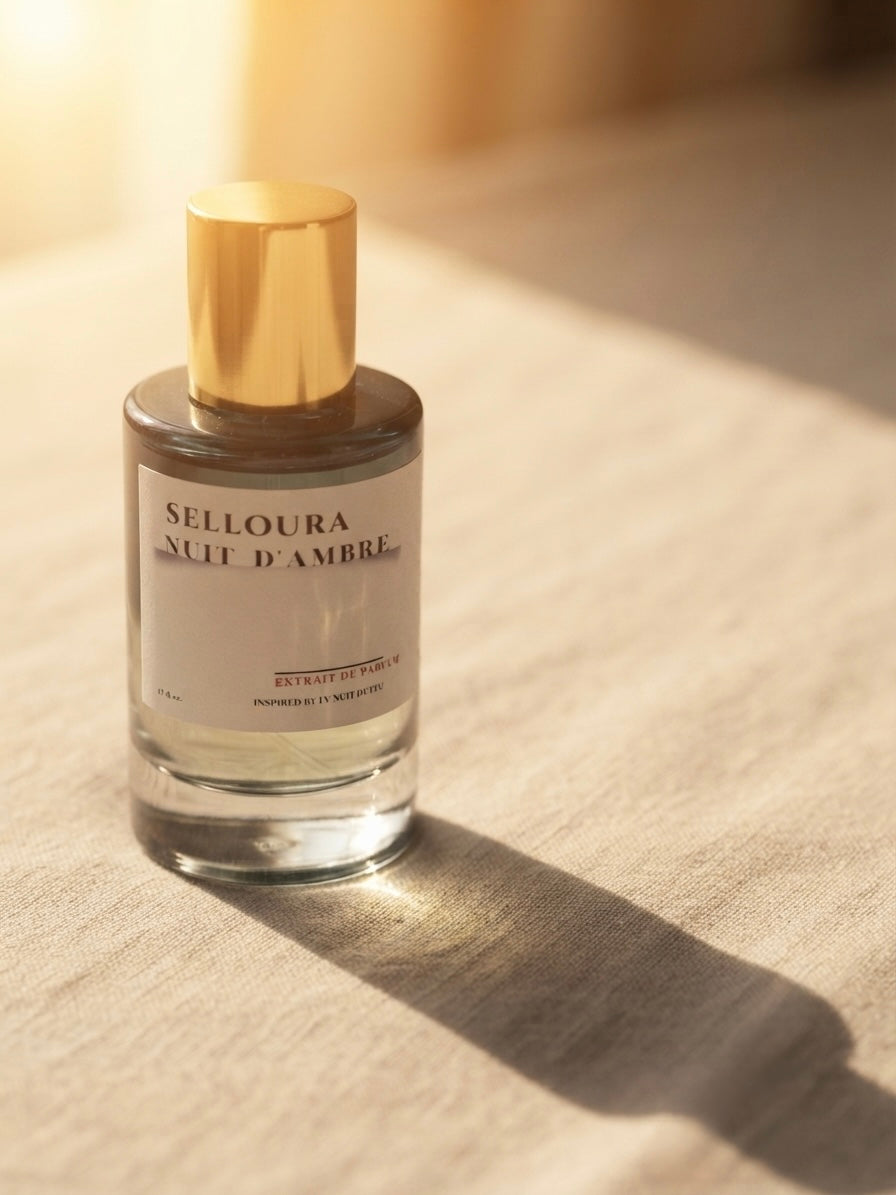 A clear glass bottle of SELLOURA Nuit d'Ambre perfume with a metallic gold cap, resting on a textured beige fabric surface under warm, direct sunlight that casts a sharp shadow.