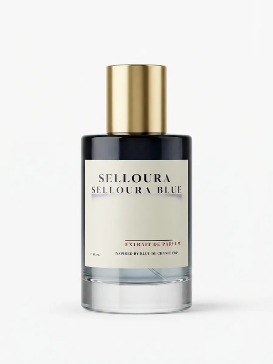Selloura Blue Extrait de Parfum in a clear glass bottle with a black base, a cream-colored label, and a shiny gold cap, set against a plain light gray background.