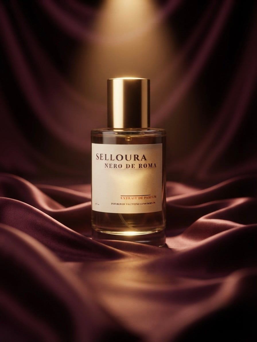A bottle of SELLOURA Nero De Roma perfume with a gold cap and cream label, set against draped dark purple satin fabric with a spotlight effect.