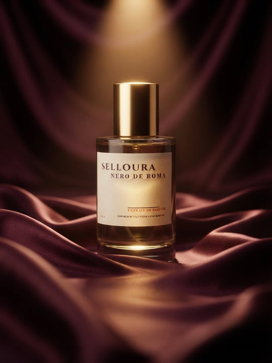 A bottle of SELLOURA Nero De Roma perfume with a gold cap and cream label, set against draped dark purple satin fabric with a spotlight effect.