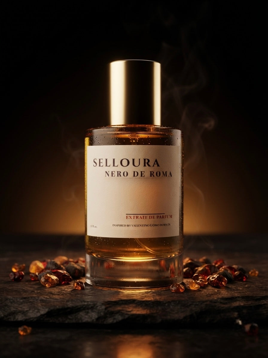 A bottle of SELLOURA Nero de Roma extrait de parfum with a gold cap and cream label, set on a dark slate with scattered amber resin pieces against a dark background with subtle smoke.