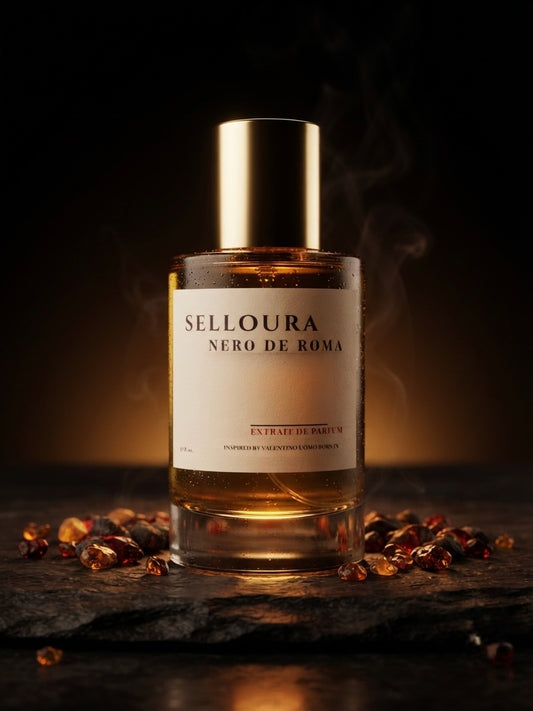 A bottle of SELLOURA Nero de Roma extrait de parfum with a gold cap and cream label, set on a dark slate with scattered amber resin pieces against a dark background with subtle smoke.