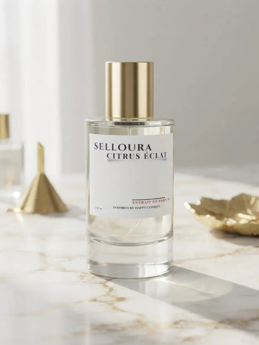 A clear glass perfume bottle with a white label and a metallic gold cap, labeled 'SELLOURA CITRUS ÉCLAT', set on a light marble surface with soft-focus decorative gold objects in the background.